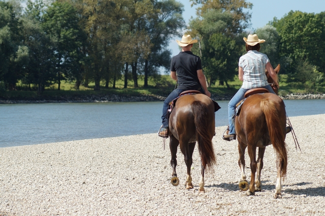 zwei Reiter im Kies neben der Donau