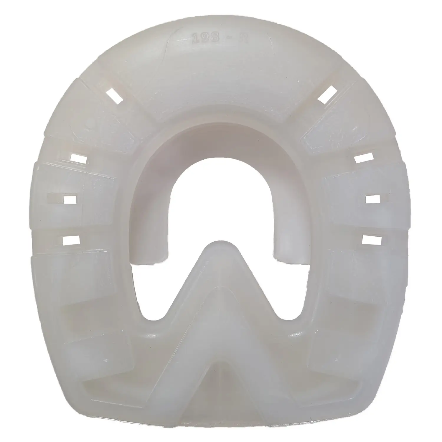 Shock-absorbing plastic horseshoe for draft horses and working horses, side view