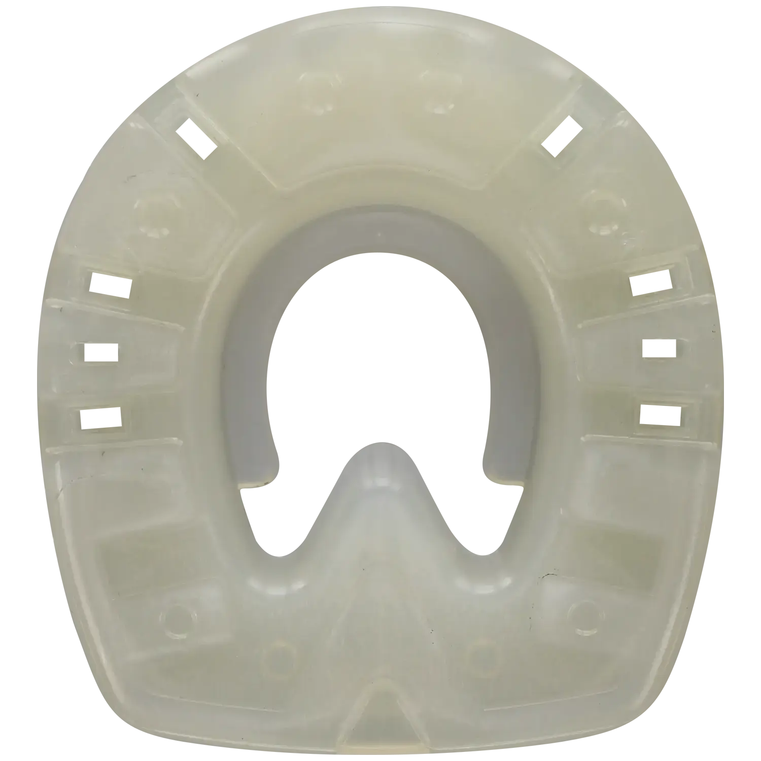 Plastic horseshoe with deeper tread pattern and an open sole surface