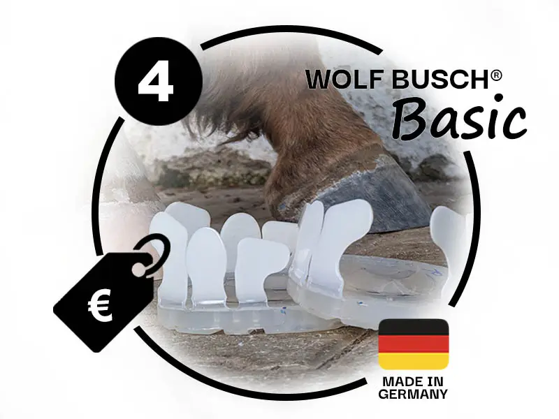 Imagebild für die neue Basic Laschen zum Kleben eines Hufeisens. Es sind drei Icons zu sehen - eins steht für Größe 4, für einen günstigen Preis und für Made in Germany.