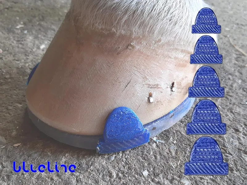 Detailaufnahme eines Hufes mit dem blueline® evo! Beschlag im Hintergrund und den fünf verschiedenen Größen der Anschweißaufzüge aus blauem Kunststoff im Vordergrund.