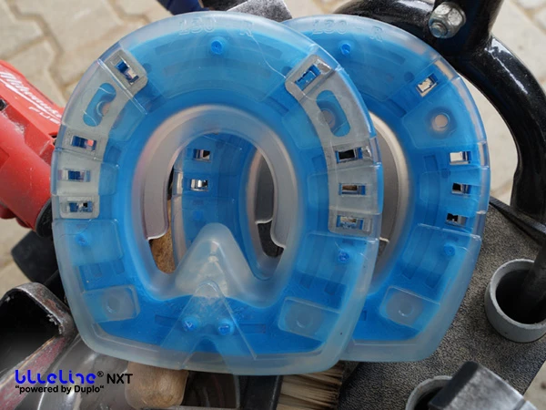Beide Modellvarianten des blueline® NXT liegen nebeneinander auf einem Hufschmied-Werkzeugwagen. Vorne ist das Modell mit metallverstärkten Nagellöchern zu sehen, dahinter das Modell ohne diesen kleinen Metalleinleger.