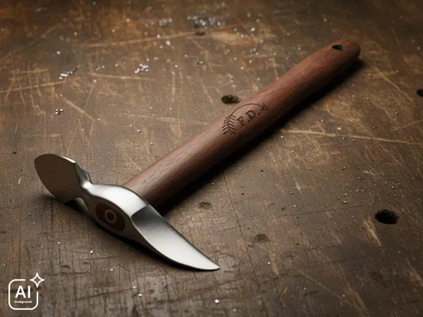 The new hoof and sole cleaner from Friedr. Dick placed on a workbench. A redesigned hoof pick featuring a cleaning blade and a wide spade blade for efficient hoof care.