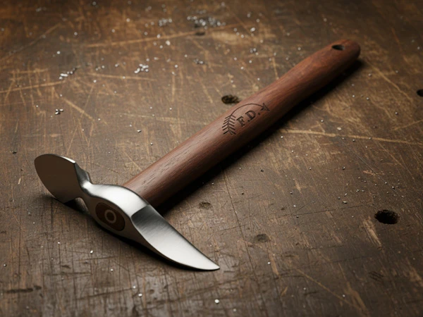 Der neue Huf- und Sohlenräumer der Firma Friedr. Dick liegt auf einer Werkbank. Es ist ein Hufauskratzer in einer neuen Form mit einer Räumklinge und einem Spaltblatt.