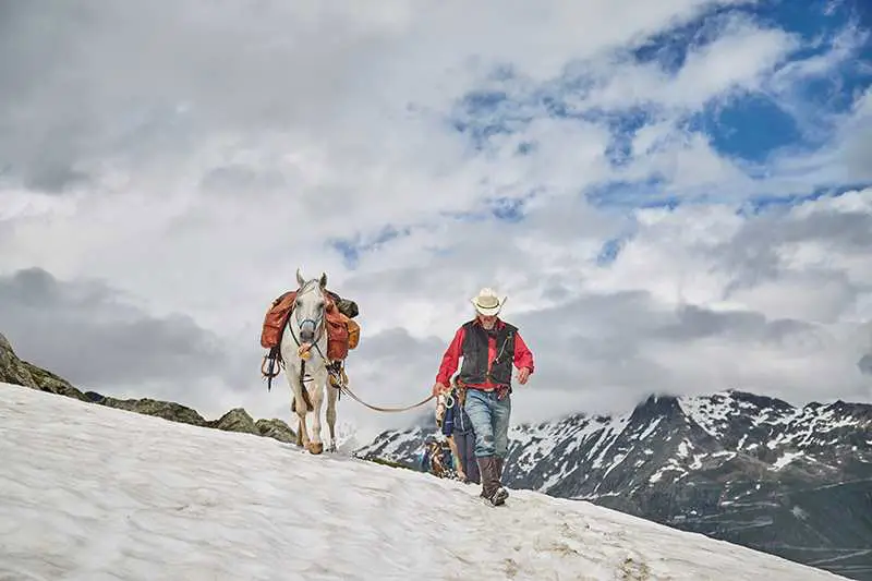 Ein weißes Pferd wird in den Alpen vor einem See über einen steinigen Weg geführt.