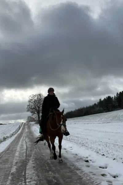 Distanzreiterin beim Saisonabaschlussritt im Winter bei Eis und Schnee.