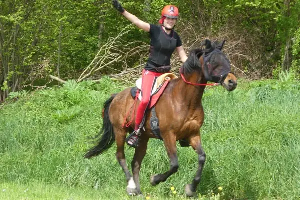 Distanzreiterin im Galopp winkt in die Kamera.
