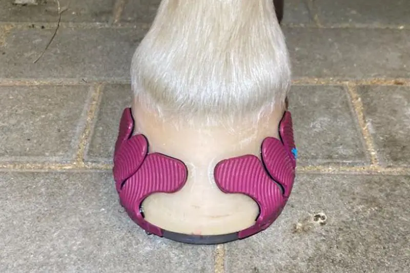 Ponyhuf mit pinken Klebelaschen und Kunststoffgrundplatte.