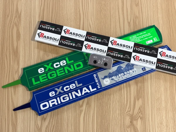 Image showing that the Double S eXceL rasp end cover, the extra wide hand protection for hoof rasps, is suitable for various rasps up to 50 mm in width.