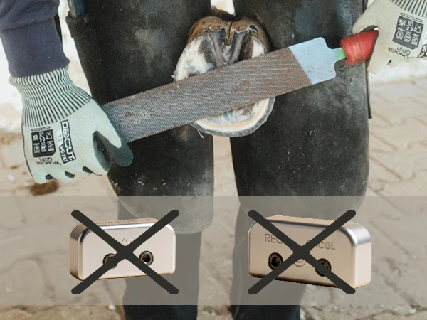 Image illustrating that Double S rasp end covers are not suitable for extra wide hoof rasps over 50 mm. In this case, cut-resistant gloves should be used.