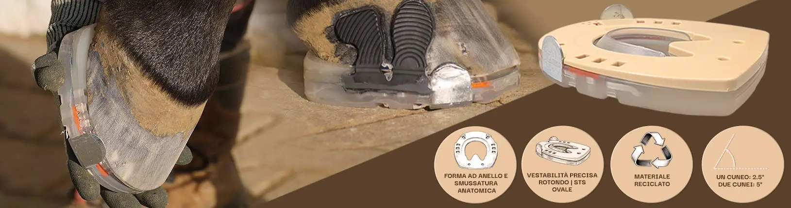 Diverse viste di uno zoccolo con una ferratura composita dotata di barbette laterali e una soletta a cuneo per la modifica dell’angolo dello zoccolo. L’immagine mostra inoltre quattro icone che illustrano le caratteristiche della soletta a cuneo: una **forma ad anello** ispirata all’anatomia dello zoccolo, **vestibilità precisa** per la ferratura corrispondente, un’indicazione sul **materiale riciclato** utilizzato e la **modifica dell’angolo dello zoccolo** di 2,5° o 5° in caso di utilizzo di due cunei.