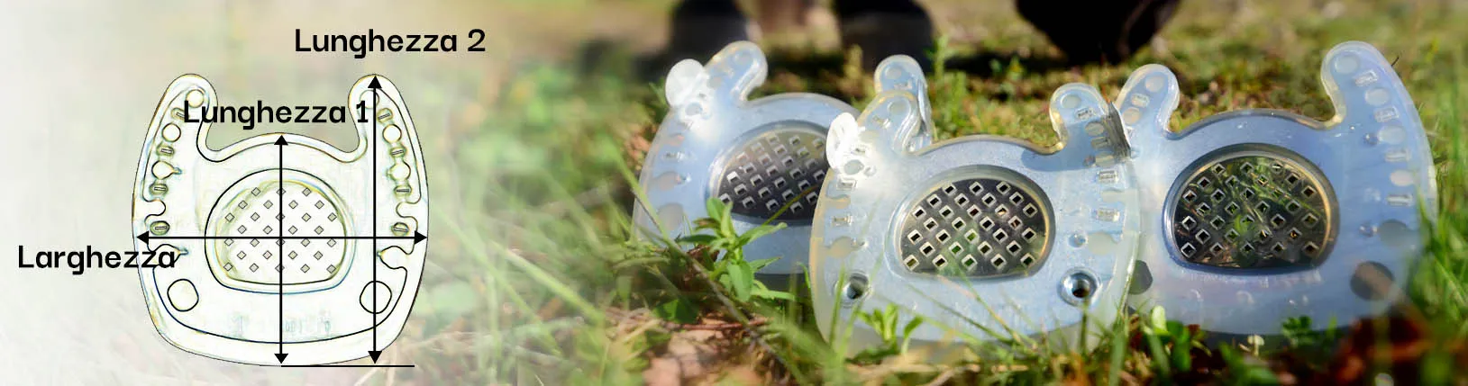 Immagine rappresentativa delle diverse misure e varianti delle ferrature composite aperte in punta, comunemente conosciute anche come ferrature per laminite.