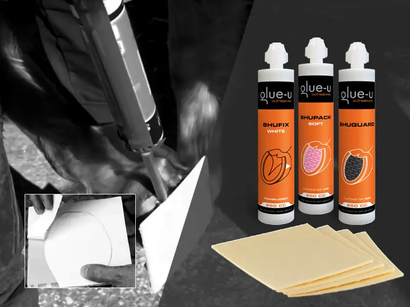 Produktabbildungen der Gusspolster Shupack, Shuguard und Shufix von Glue-u und der quadratischen Foam Boards. Im Hintergrund Hinweise zur Anwendung der Schaumstoffplatten beim Polsterbeschlag.