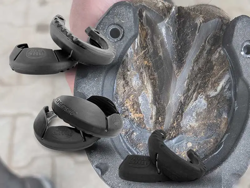 Detailaufnahme eines mit einem GluShu beklebten Hufes und die Imagebilder der verschiedenen Varianten. Der GluShu, der SportShu und der FoalShu.