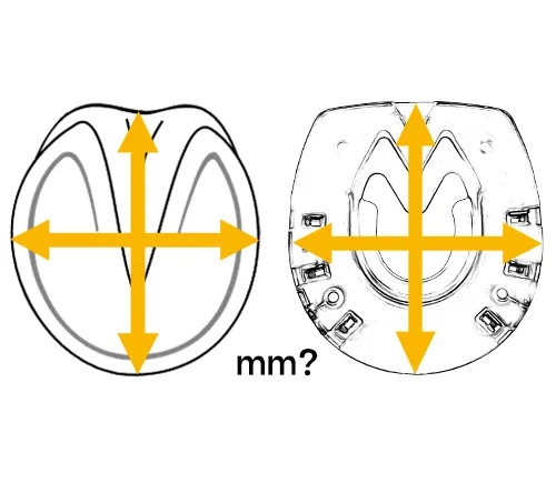 Ein Barhuf (Huf ohne Hufschutz) und ein Duplo-Beschlag von der Bodenseite. Bei beiden Elementen werden jeweils die Länge und die Breite in Millimetern gemessen