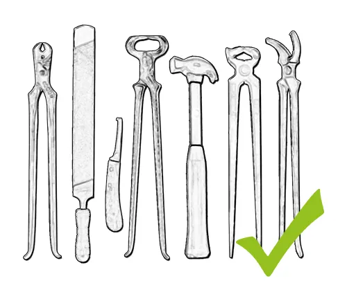 Sieben Hufbeschlagswerkzeuge: Nagelziehzange, Hufraspel, Hufmesser, Hufschneidezange, Hufbeschlagshammer, Hufbeschlagszange, Hufnietzange