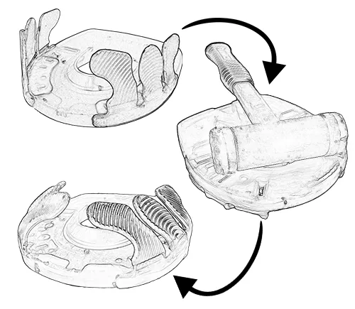 Drei Arbeitsschritte beim Klebebeschlag zum manuellen Vorbiegen der Klebelaschen: unbearbeitet, mit einem Hammer zum Beschweren auf dem Klebebeschlag der mit den Laschen nach unten liegt, geformte Klebelaschen. 
