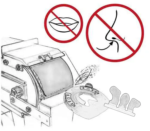 Ein Bandschleifer beim Schleifen eines Duplo-Beschlags und einer Klebe-Lasche. Der Schleifstaub darf nicht eingeatmet werden
