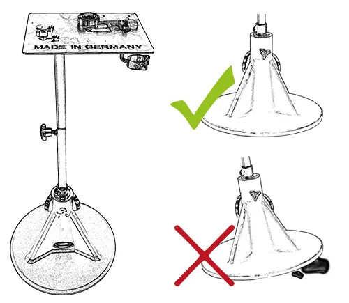 Illustration indicating that the hoof stand must be placed on a firm, stable surface to ensure safe use of the welding fixture.