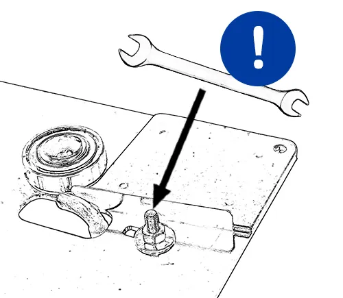 Top view of the welding plate with a wrench; an exclamation mark warns to exercise caution when loosening the nut of the hot air gun holder to prevent the hot air gun from falling.