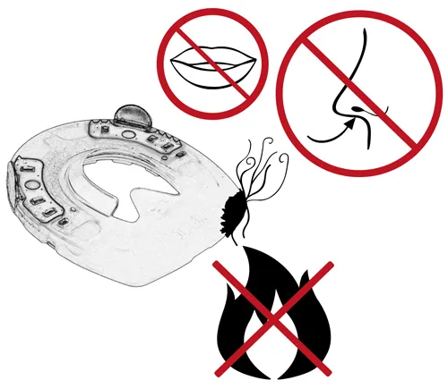 Illustration warning that plastic must not be heated to the point of burning, as this can produce hazardous fumes.