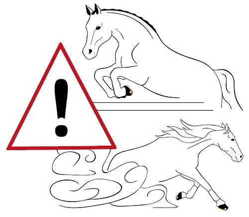 Warnhinweis für Reitdisziplinen mit hoher und scherender Belastung des Hufschutzes wie Vielseitigkeit, Springsport, Barrel Racing und Reining