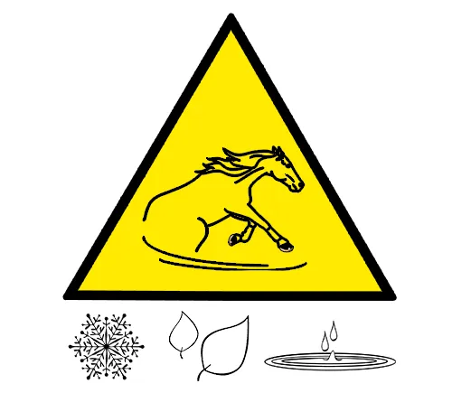 Warnung: Rutschgefahr. Bei Schnee, Laub, Pfützen und ähnlichen Bodenverhältnissen ist die Geschwindigkeit den Bodenverhältnissen anzupassen.