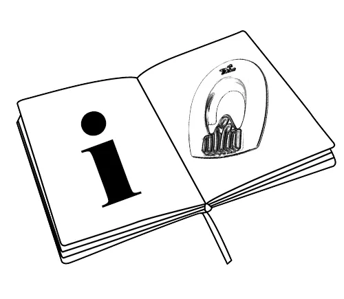 Ein offenes Buch mit einem Infozeichen und einer Kunststoff-Einlegesohle für Hufeisen-ein Hinweis auf eine Bedienungsanleitung und Sicherheitsinformationen