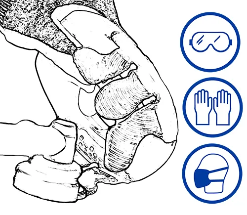 Entfernen der Kleberreste auf gebrauchten Klebelaschen mit dem Winkelschleifer. Symbole für Augenschutz, Handschutz, Atemschutz zur eigenen Sicherheit zu tragen, da der Kleberschleifstaub gesundheitsgefährdend ist.