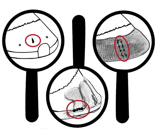Auf solche Probleme ist bei der täglichen Kontrolle des Hufschutzes zu achten: ausgefranste Bodenseite eines Duplo-Beschlags: ein Nagel, bei dem die Niete aufgegangen ist. Ein Klebe-Beschlag, bei dem die hinterste Klebe-Lasche gerissen oder beschädigt ist. Ein Cast-Beschlag, bei dem die spitzen Zacken der Cast-Haken durch die Cast-Bandage durchbrechen.