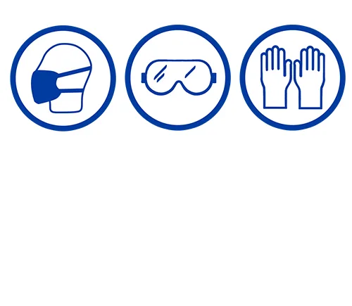 Alle drei Symbole kennzeichnen empfohlene Schutzausrüstung: Atemschutz, Augenschutz und Handschutz sollten getragen werden.