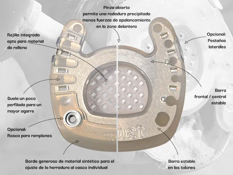 Herradura infosura con pinza abierta - Comparación entre el lado del casco y la planta del mismo