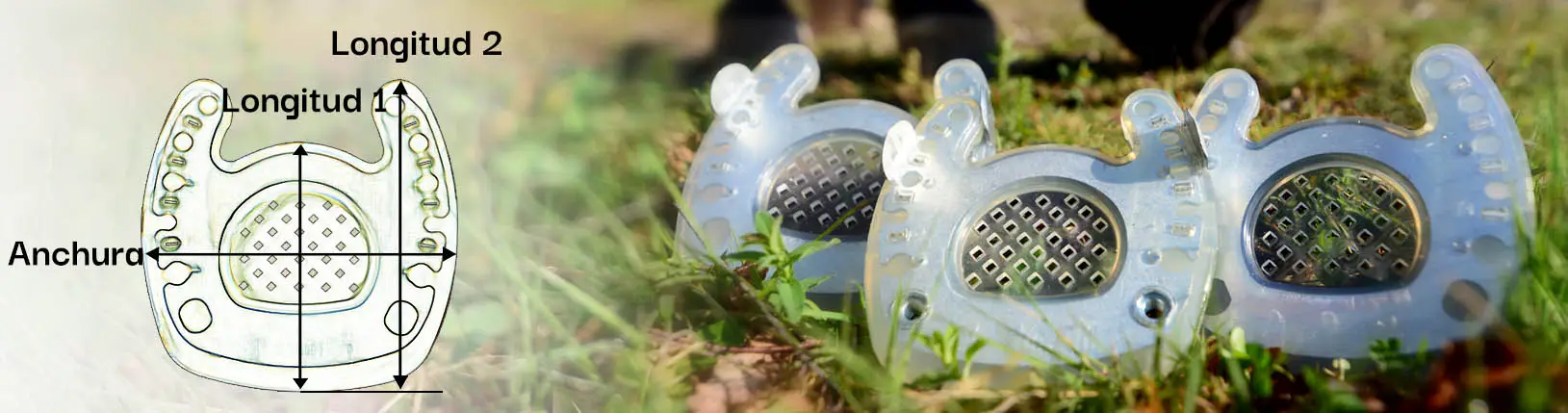 Imagen de ejemplo de diferentes tallas y modelos de herraduras compuestas con punta abierta, también llamadas herraduras para laminitis.