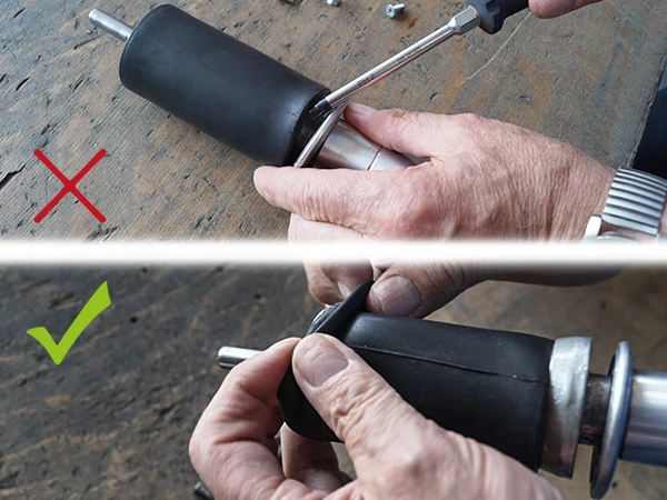 Close-up showing the correct and incorrect way to replace the rubber ring on the Hoof Buffer: correct – fit or remove the rubber ring by hand; incorrect – fit or remove the rubber ring with a screwdriver.
