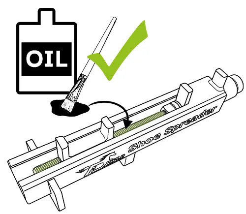 Illustration showing that the threaded rod of the Shoe Spreader should be lightly oiled.