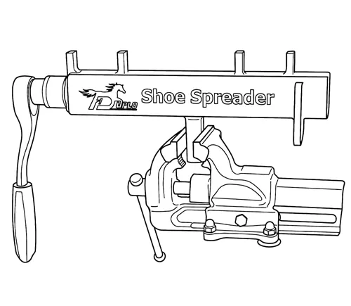 Illustration showing how the Shoe Spreader can be secured in a vise by clamping the square tube when adjusting a composite horseshoe.