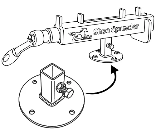 Illustration showing that the Shoe Spreader adapter must be securely screwed in place for use on a workbench.