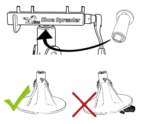 Illustration showing that the Shoe Spreader can be inserted into a hoof stand using an adapter and that the hoof stand must be stable and securely positioned during use.