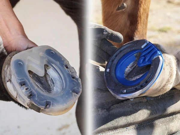 Dettagli di zoccoli ferrati – uno con una ferratura Duplo Full Branch Shoe e uno con un ferro Mustad abbinato a una Duplo Protective Insole.