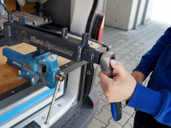 Die Umschaltknarre wird in die Stecknuss des Shoe Spreaders eingesteckt. Der Hufeisen-Spreizer ist im Schraubstock befestigt.