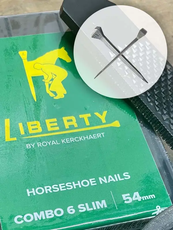 Imagebild für die Combo Slim Hufnägel von Liberty von Royal Kerckhaert; man sieht die Nägel und die grüne Verpackung, außerdem einen Ausschnitt einer Hufraspel