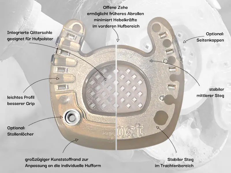 Zehenoffener Verbundbeschlag ugs. gerne auch Hufrehe-Beschlag genannt - Hufseite und Bodenseite im Vergleich
