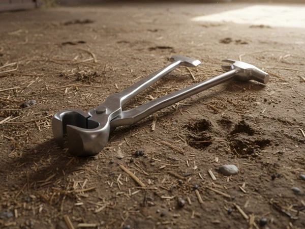 Das Multitool Notfallwerkzeug für Pferdebesitzer bestehend aus einer Nietklinge, einem Beschlagshammer und einer Hufschneidezange liegt auf dem Stallboden.