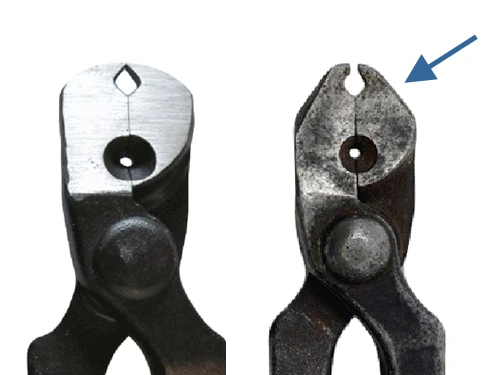 Two nail pullers compared: on the left the standard unmodified version, on the right a modified version with adjusted or reshaped tips.