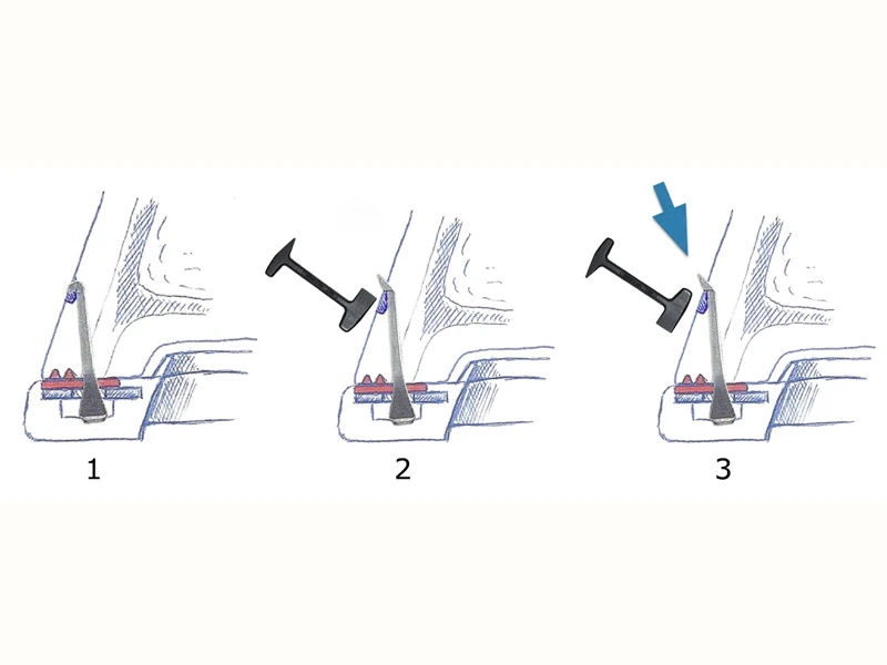 Illustration of removing a horseshoe: showing how to open a clinch with a clinch cutter.