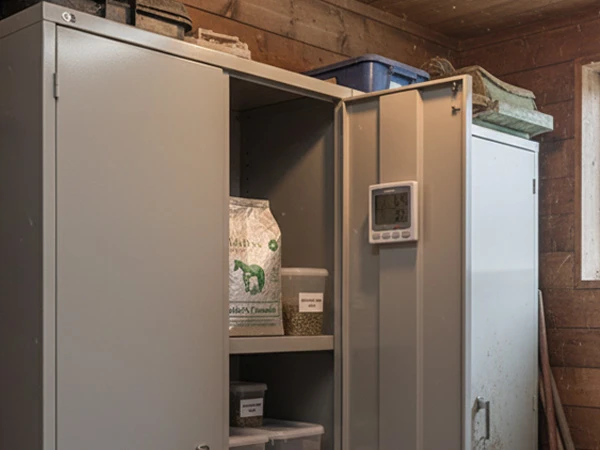 Metallregal im Pferdestall mit Kraftfutter und Ergänzungsfuttermitteln für Pferde, Aufbewahrung in verschiedenen Behältern und einem Thermometer an der Wand.