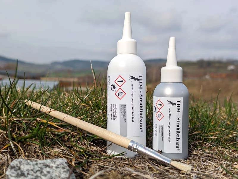 Dosierflasche 70ml und 150ml und ein Auftragspinsel auf einer Wiese