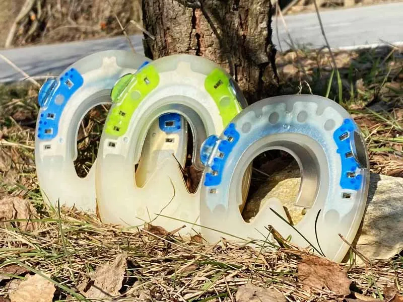 regranulate urethane horseshoes with metal core in a round, oval and straight toe shape