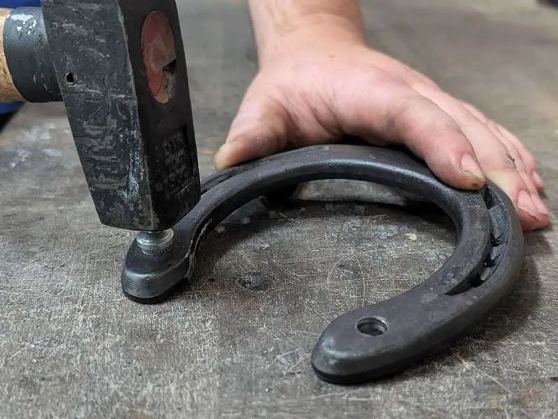 The farrier strikes a drive-in stud with a hammer to secure it in the steel shoe.