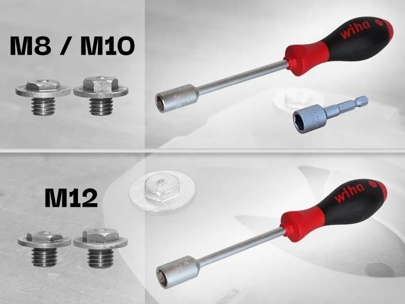 Photo in two parts: Studs and matching stud wrench with details of the thread sizes for anti-skid studs.